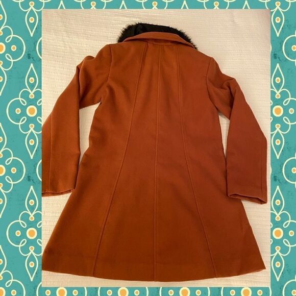 Burnt brown Mod Coat w/ Faux Fur Collar Details Intl Retro Fall Jacket S NWOT - Picture 6 of 11